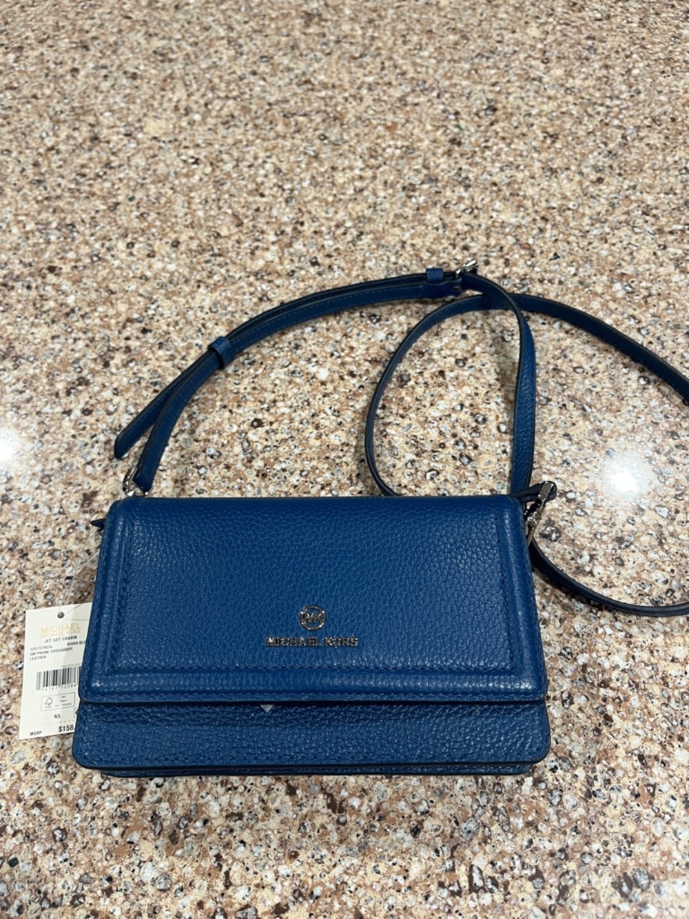 Michael Kors Pebbled Leather phone Crossbody, RiverBlue leather with silver logo